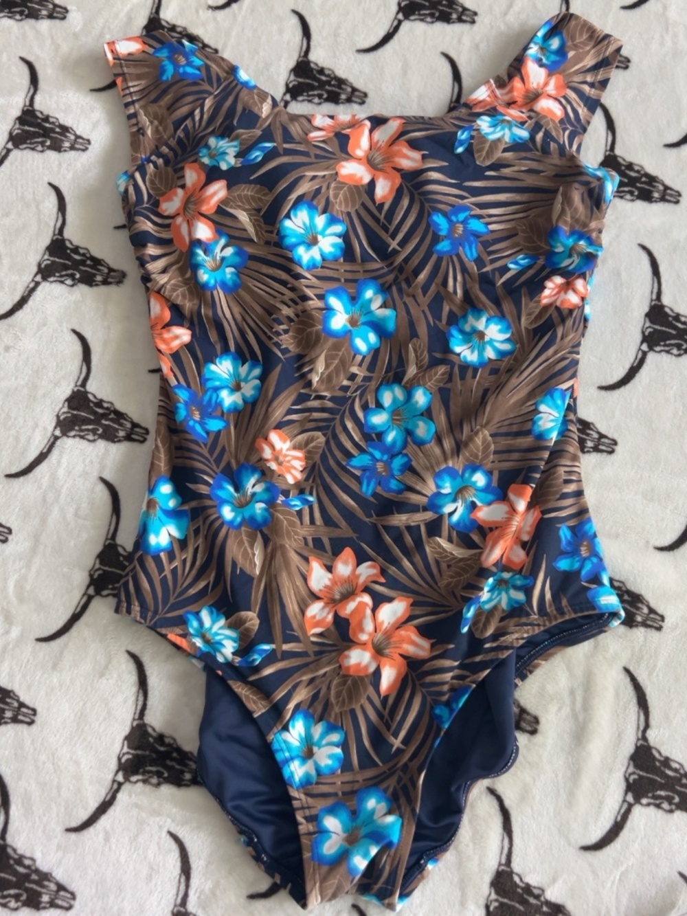 Lands’ End Tropical Floral One Piece Swimsuit Size 12 Navy Blue Cutout Back